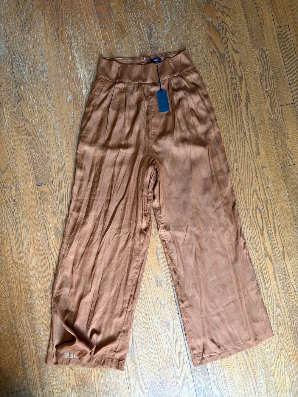 NWT Lucca Camel Wide Leg Satin Trousers Size S Extra Long